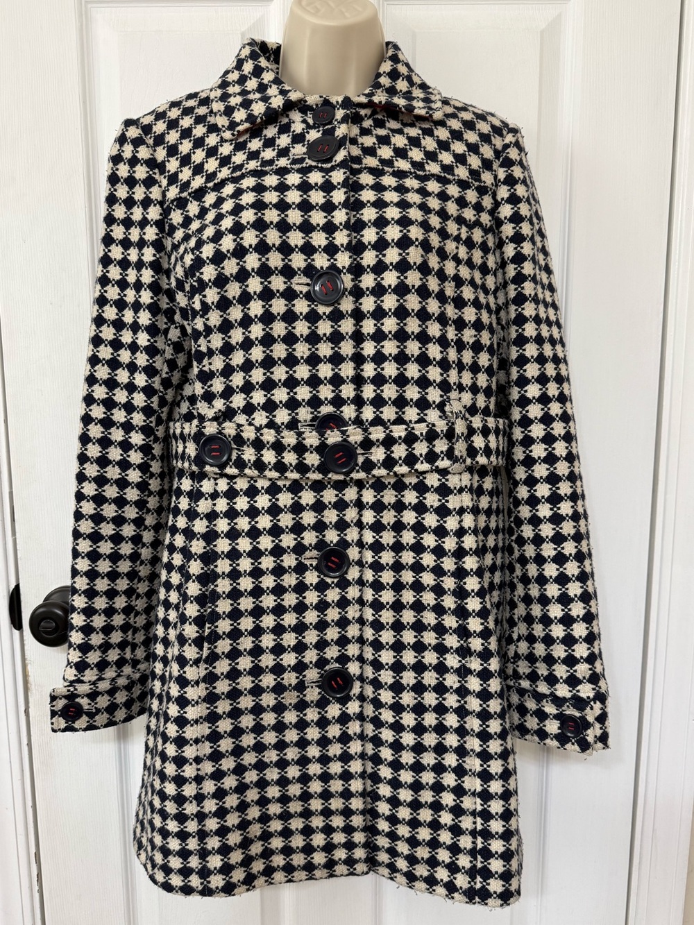 Tommy Hilfiger Wool Blend Pattern Coat Navy Ivory Belted Peacoat Size 10